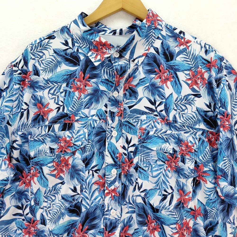 IZOD Saltwater Hawaiian Shirt Mens XL Tall Blue Floral Short Sleeve Graphic AOP - Picture 2 of 10